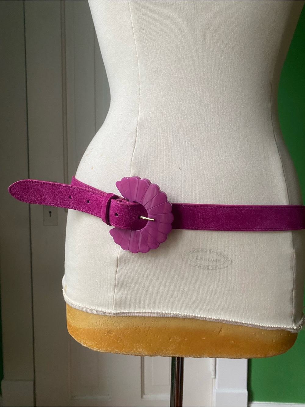 Sezane Magenta Suede Belt with Floral plastic Buckle